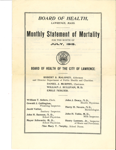Lawrence, Mass., monthly statements of mortality, 1915
