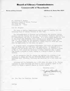 Letter to trustees from Board of Library Commissioners, 1974/07/03