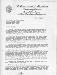 Letter to trustees from Board of Library Commissioners, 1974/10/17