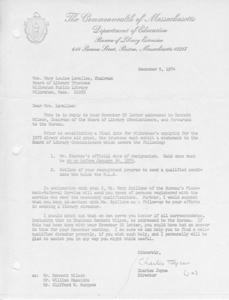 Letter to trustees from Board of Library Commissioners, 1974/12/09