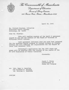 Letter to trustees from Board of Library Commissioners, 1975/04/22