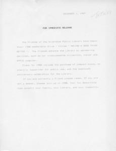 Friends renewal press release, 1987/12/01
