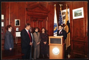 Massachusetts Board Library Commisioners Award presentation, K. Glick-Weil, Mayor Cohen and trustees