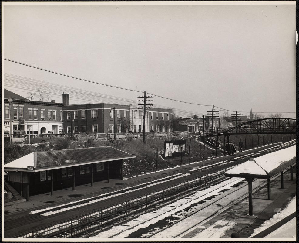 Newtonville Railroad Station. Cars, bridge. Newton, MA
