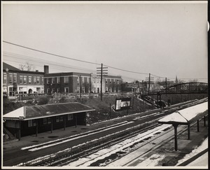 Newtonville Railroad Station. Cars, bridge. Newton, MA