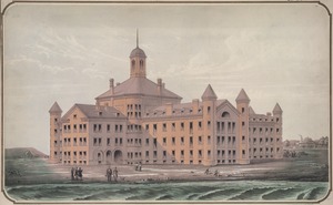 View of the new alms house for the City of Boston in the State of Massachusetts, erecting on Deer Island in Boston Harbor. 1849. John P. Bigelow, Mayor. Designed by Louis Dwight & Gridley J. F. Bryant