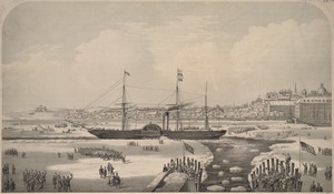 The Cunard Royal Mail steamship "Britannia" (John Hewitt, commander) as she appeared leaving her dock at East Boston February 3d, 1844 bound from Boston to Liverpool. The original print bore this inscription "Dedicated by the publishers to the merchants of Boston who projected and paid for a canal cut in the ice 7 miles long and 100 feet wide. Much credit was due to the committee and to the contractors Messrs. Gage, Hettenger & Co. and John Hill for their perseverance in accomplishing so arduous an undertaking."