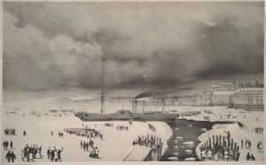 This print, representing the B & N. A Royal Mail steam ship Britannia, John Hewitt, commander, leaving her dock at East Boston on the 3d of February 1844 on her voyage to Liverpool, is respectfully dedicated by the publishers to the merchants of Boston who projected and paid for a canal cut in the ice 7 miles long and 100 feet wide. Much credit is due to the committee and to the contractors Messrs. Gage, Hettenger & Co. and John Hill for their perseverance in accomplishing so arduous an undertaking.