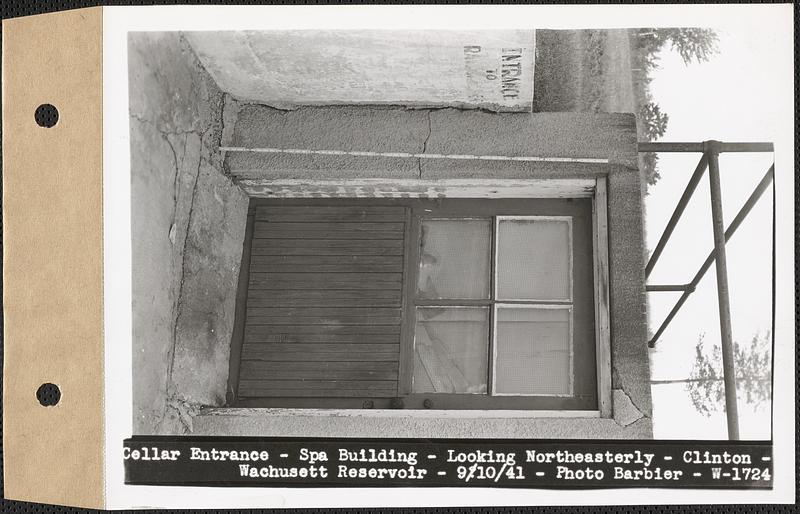Cellar entrance, Spa Building, looking northeasterly, Wachusett Reservoir, Clinton, Mass., Sep. 10, 1941