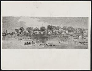 New Madrid During the Flood of 1882. New Madrid, Mo., under three feet of water, from a sketch by Charles Upham which appeared in Frank Leslie's Illustrated Newspaper of April 1, 1882, along with view of other inundated river towns flooded by the Mississippi. Nearly 54 years later, the whole area in this vicinity was evacuated when county engineers dynamited new gaps in the New Madrid-Birds Point Floodway to permit waters of the Ohio and the Mississippi to pour over 131,000 acres, and thus lower the levels upstream at Cairo.