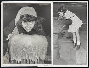Same Fountain, But What a Difference! The fountain is in the public Garden. At left is how it looked when Lois Hebron of Roxbury took a drink from it Dec. 27. At right is how it looked yesterday when Carolyn Torigian, 3, of 7 Wainright St., Dorchester, took a cooling drink.