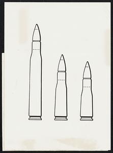 Relative size of cartridge cases required to give identical ballistic characteristics to same bullet when propelled by (left) black powder, (center) conventional smokeless powder, and (right) spherically grained Olin Ball Powder.