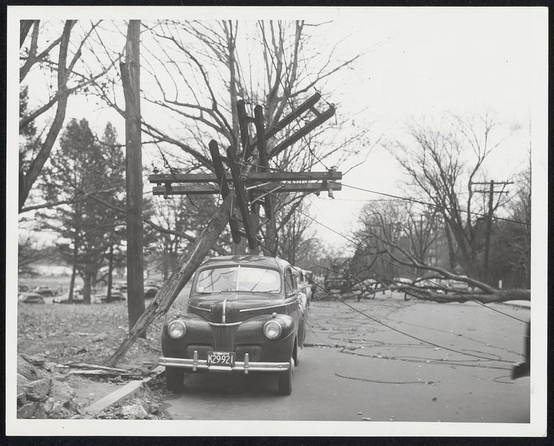 This Car Was Spared serious damage yesterday when winds toppled a utilities pole on Beacon street in Chestnut Hill. Dragging wires stopped the pole short of the car.