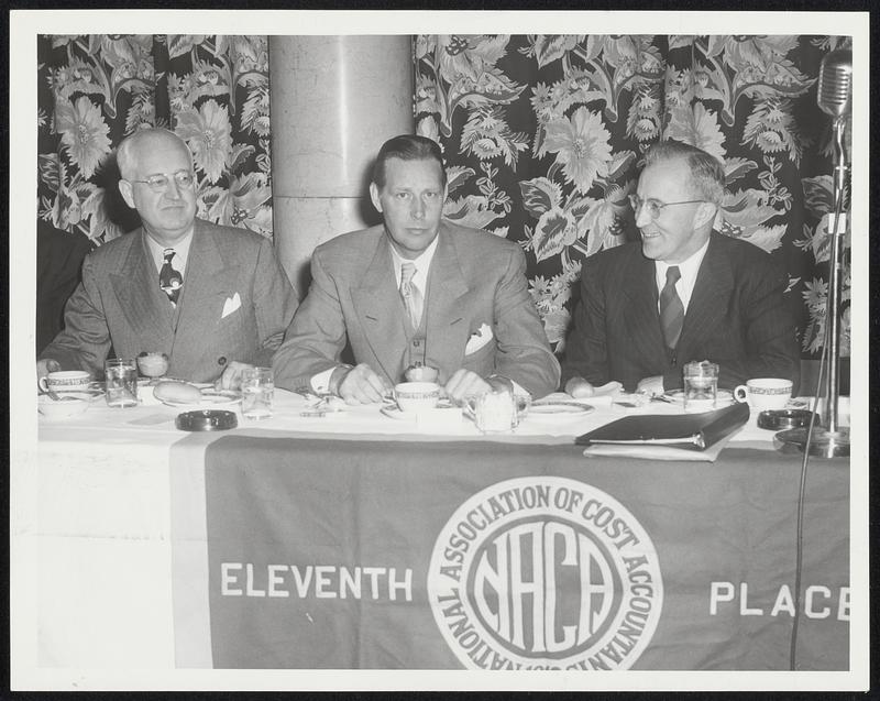 Boston Chapter Natl. Assoc. of Cost Accountants at Bradford. Clinton W. Bennett, Chairman of Winchester. Maurice J. Tobin - Speaker. Francis E. Swisher Pres. of Framingham. BOMUST