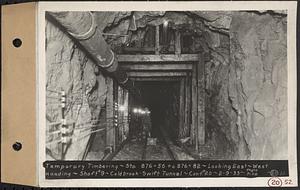 Contract No. 20, Coldbrook-Swift Tunnel, Barre, Hardwick, Greenwich, temporary timbering, Sta. 876+56 to 876+82, looking east, west heading, Shaft 9, Coldbrook-Swift Tunnel, Barre, Mass., Feb. 9, 1933