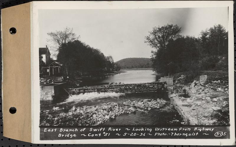 Contract No. 51, East Branch Baffle, Site of Quabbin Reservoir, Greenwich, Hardwick, east branch of Swift River, looking upstream from highway bridge, Hardwick, Mass., May 20, 1936