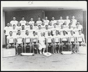 Capable Crew in charge of water safety at Salisbury Beach poses with lifesaving gear. Front, from left, Richard Stabile, Charles Breen, Henry Wainwright, Peter Gulazian, Nurse Estelle Kezer, Head Guard Ralph J. Parino, Donald Langlois, Daniel Forte, Danile Sheehan, John Healy. Second row from left, William Donovan Jr., Patrick Cambria, Philip Turrisi, Peter Marggraf, Paul Gerry, Gerard O'Connor, Arthur Lyons, Lawrence Teloruto, and John Heggarty. Third row, from left, David Traister, John Welch, John Kelleher, Roupen Baker Jr., Henry Pinkowski, Conrad Rousseau, Jr., Neal Shea, George Cole, John Glennie, George Donovan. Last row, from left, Valentino Bertolini, Paul Le Matire, Willard St. Cyr, John Hawkes, Carl Mitchell, Norman Salem, Lawrence Bresnehan, Melvin Morse, and William Ross.