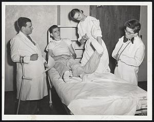 Haynes Memorial Hospital will ring with laughter tomorrow night when polio and other patients put on a variety show for the March of Dimes. Preparing for show are Sam Burke of Quincy, Joseph Mc Dermott (in bed) Mrs. Ann Mc Laughlin and Bob Baker.
