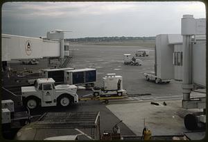 Trucks and trailers, airport tarmac, jet bridges, one with Delta logo