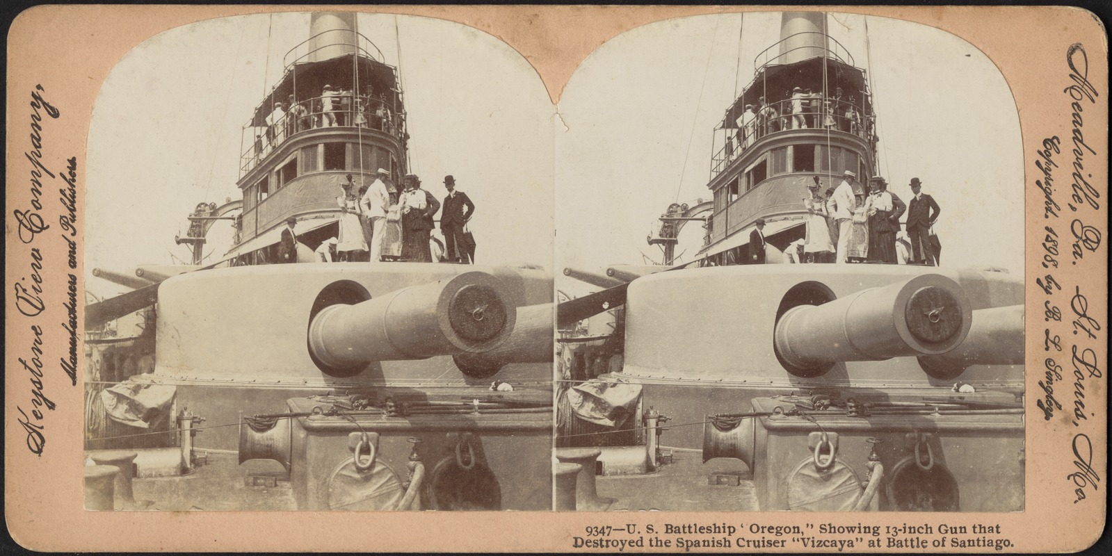 U.S. Battleship "Oregon," showing 13-inch gun that destroyed the Spanish cruiser "Vizcaya," at the Battle of Santiago