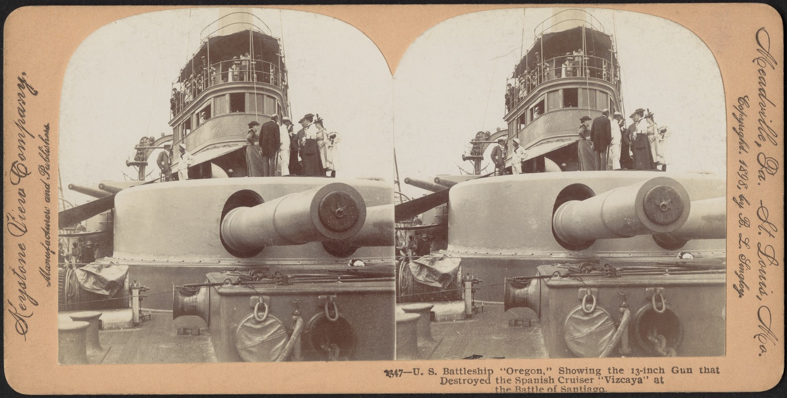 U.S. Battleship "Oregon," showing 13-inch gun that destroyed the Spanish cruiser "Vizcaya," at the Battle of Santiago