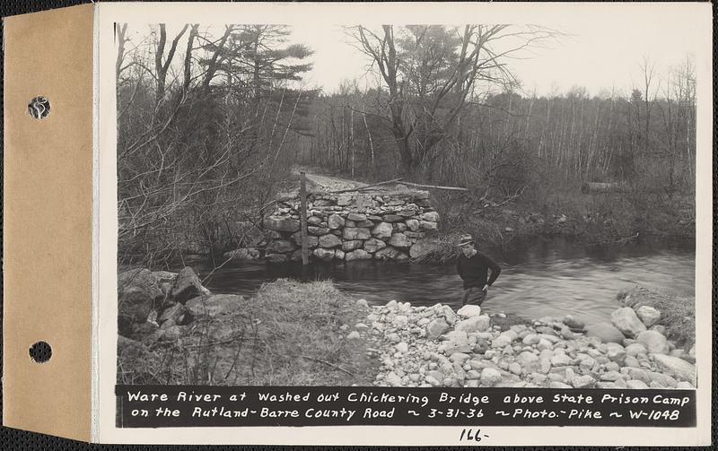 Ware River at washed out Chickering bridge above State Prison camp on the Rutland-Barre County Road, Rutland, Mass., Mar. 31, 1936