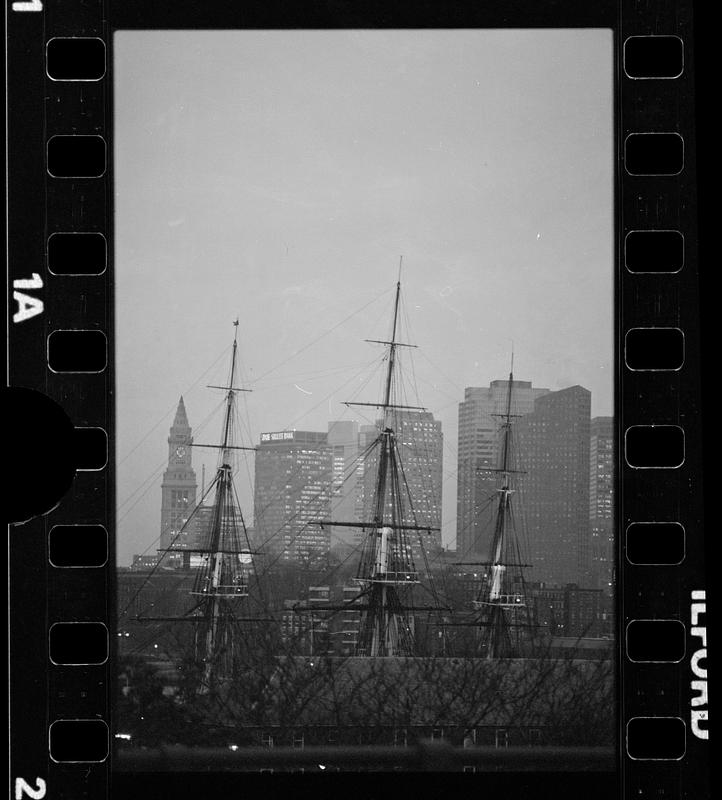 USS Constitution & skyline from Charlestown, downtown Boston