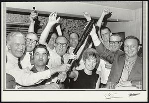 Having a Ball-Patrons at Schlehlein's bar near Milwaukee County Stadium celebrate return of major league baseball to Milwaukee after Federal Bankruptcy referee ruled Seattle Pilots could be sold to Milwaukee.