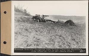 Contract No. 61, Clearing West Branch, Quabbin Reservoir, Belchertown, Pelham, Shutesbury, New Salem, Ware (including in areas of former towns of Enfield and Prescott), Oshkosh tractor dragging tree to fire, Enfield, Mass., Feb. 27, 1939