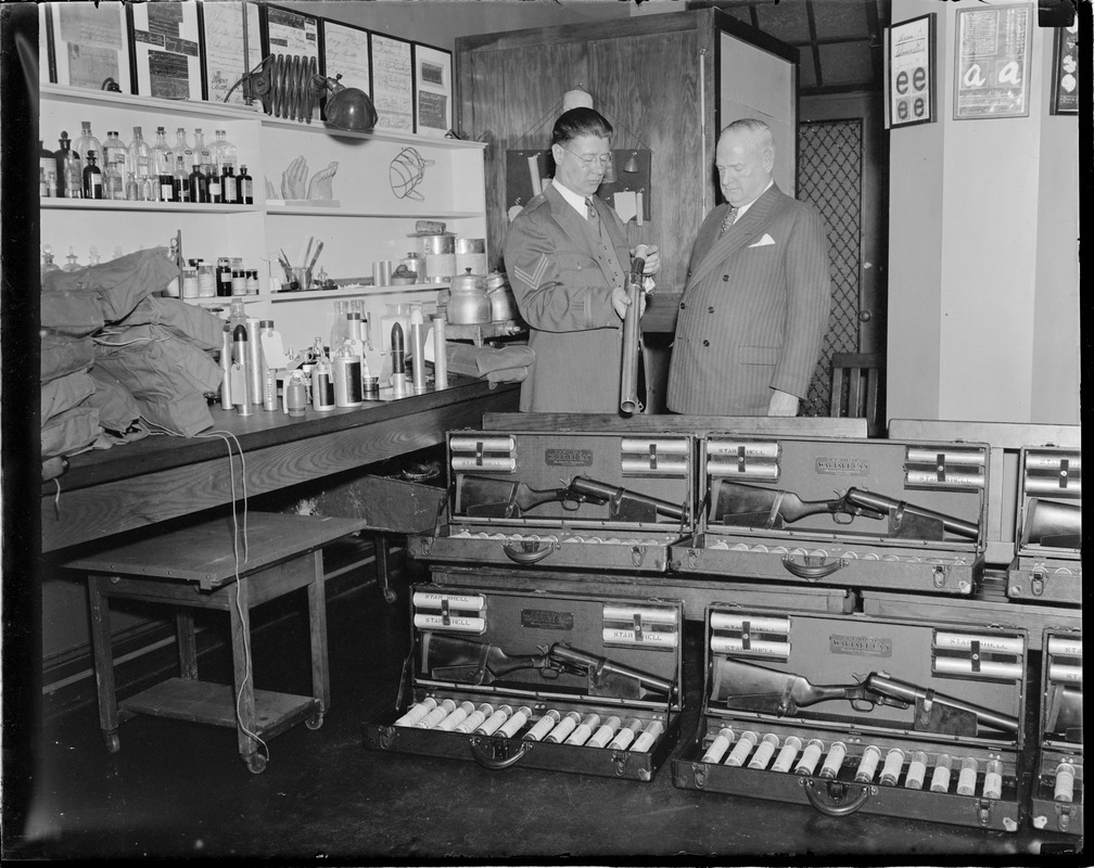 Inspecting new riot guns at police headquarters