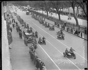 Motorcycles and sidecars on Beacon Street, Boston Police Parade