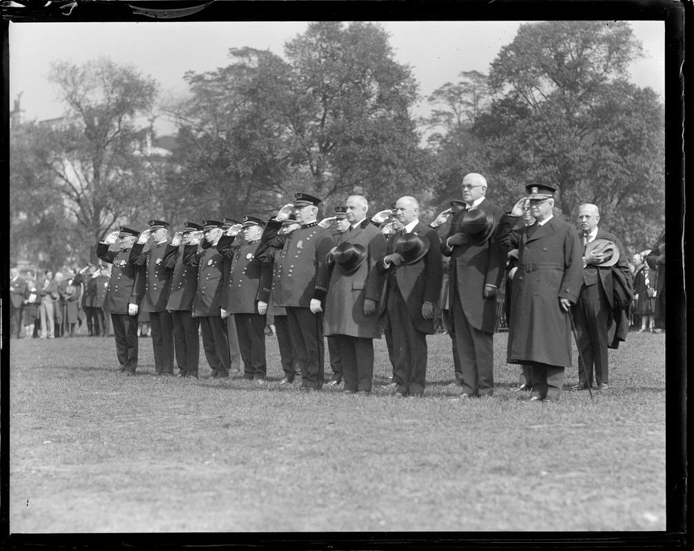 Police Officials Review - Boston Common. Superintendent Michael Crowley, Governor Frank Allen, Commissioner Herbert Wilson, Fire Commissioner Hultman, Admiral Philip Andrews.
