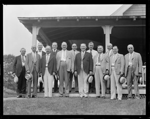 Police heads I have known during my newspaper experience: Manchester. Back row - Thomas H Larkin, Chief of Nahant, Stewart F. Cooper, Chief of Manchester, Edward S. Walsh, Chief of Brockton, Charles M. Finn, Chief of Chelsea, Ernest H. Bishop, Chief of Quincy. Front row - Charles A. Kendall, Ex-Chief of Somerville, H. Allen Rutherford, Chief of Brookline, Lt. Col. Raymond C. Allen - Tour Moderator of Manchester, Mass., Inspector Geo. C.  Chase of Brockton Police, Superintendent Michael H. Crowley, Thomas E. Bligh, Capt. of State Police, Walter E. Bligh of Syracuse Herald, Louie B. Heaton, Chief of Melrose.