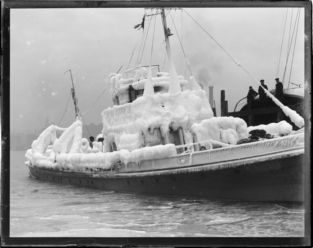 Ice covered boat. US rum chaser Dallas.