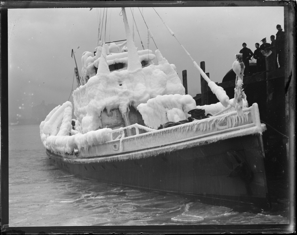 US rum chaser Dallas coated with ice after fighting gale off Yarmouth Nova Scotia.