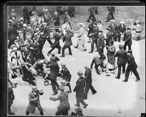 "Reds" and police brawl in Battery Park in New York at protest of deportation of Chinese Communist Tao Tshung-Li