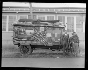 Frank Shea (I) of Brooklyn, N.Y. and William Burke of Passaic, N.J. at Brockton Fair. They have driving unique traveling wagon "Checkers" coast to coast 6 times and to Mexico and every province in Canada.