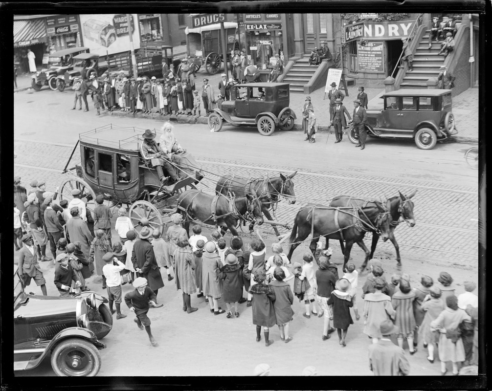 Ezra Meeker, the oldest pioneer, in town with the Wild West show, rides through Boston on a stage coach