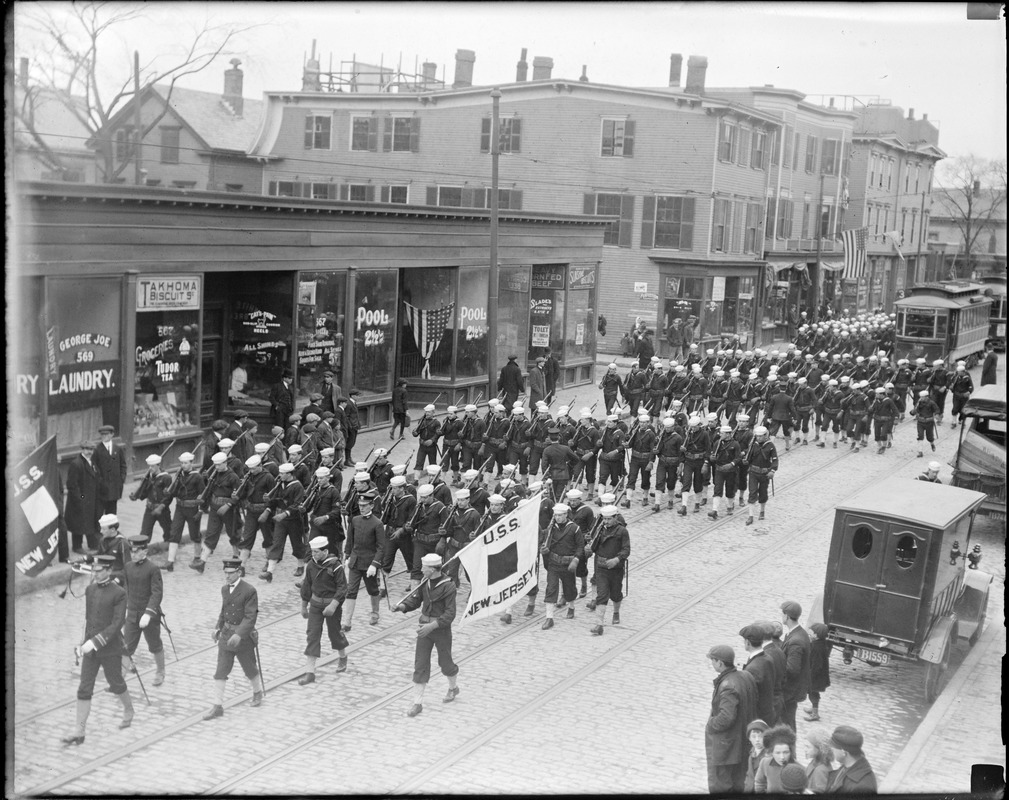 Sailors from the USS New Jersey march in Charlestown