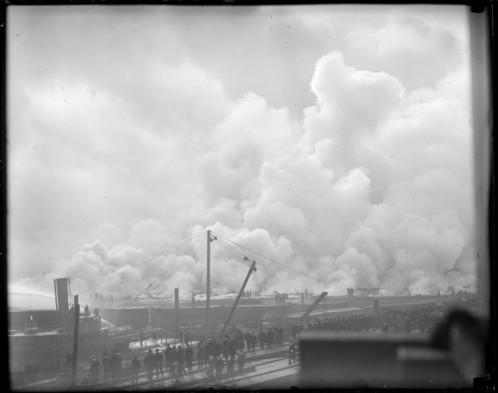 Billows of smoke at Boston and Maine RR freight shed fire