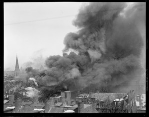 Three alarm fire on Worcester St., South End, taken from Mass. Ave. and Tremont Streets