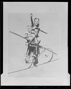 Composite photo of three men in high wire act, possibly a political commentary