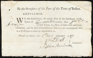 Sarah Dunker indentured to apprentice with Jonathan [Jonathon] Rawson of Braintree, 17 June 1789