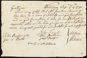 William Dunn indentured to apprentice with Jonathan Bemis of Watertown, 6 September 1790