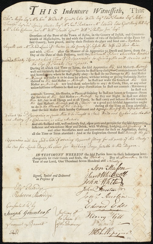 Stephen Ingalls indentured to apprentice with David Lewis of Boston, 3 March 1790