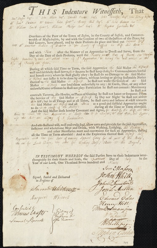 Jeremiah Gray indentured to apprentice with Jonathan Rawson of Braintree, 14 July 1790