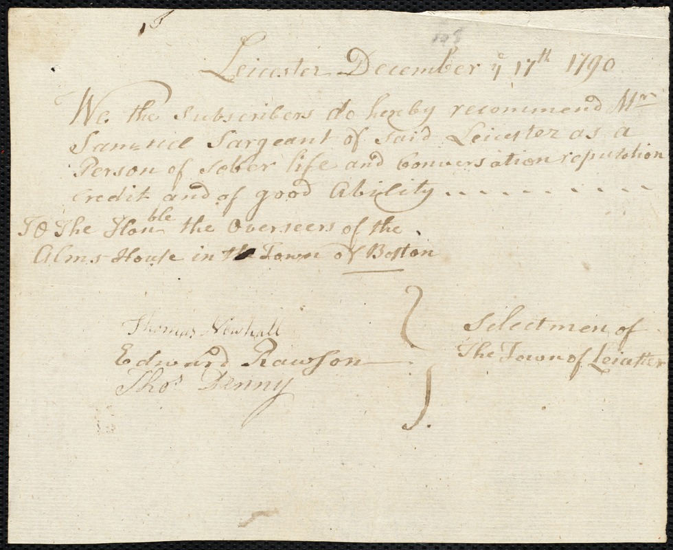 William Forssey indentured to apprentice with Samuel Sargeant of Leicester, 21 December 1790