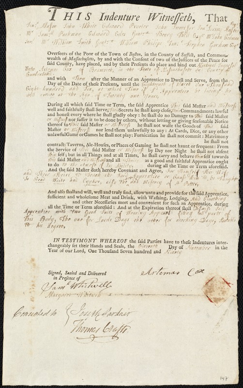 Nathenal Ingersol indentured to apprentice with Artemas Cox of Brunswick, 11 November 1790