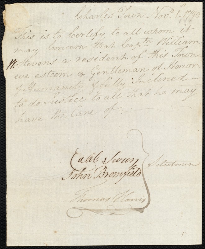 Ann Trainhorne indentured to apprentice with William W. Stevens of Charlestown, 2 November 1790