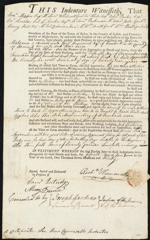 Hebron Materson indentured to apprentice with Richard Hunnewell of Penobscot, 15 January 1790